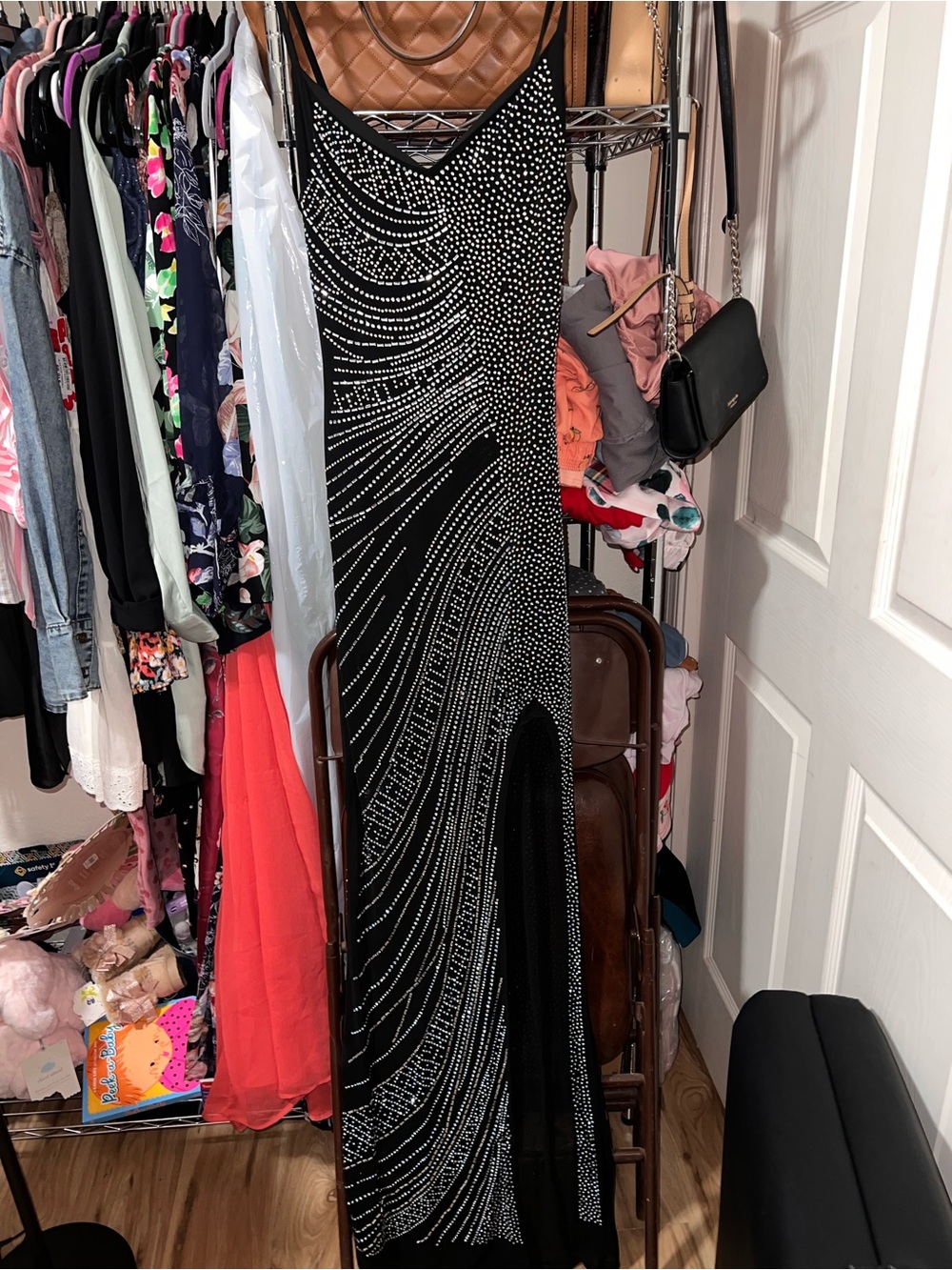 NWOT Black Beaded Evening Gown with Crystal Detail